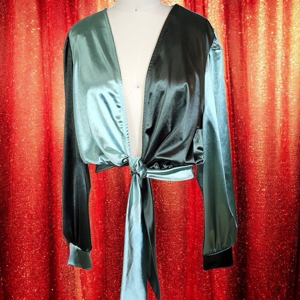 Green jeweled 2-tone long sleeves shiny panel shirt - Picture 5 of 12